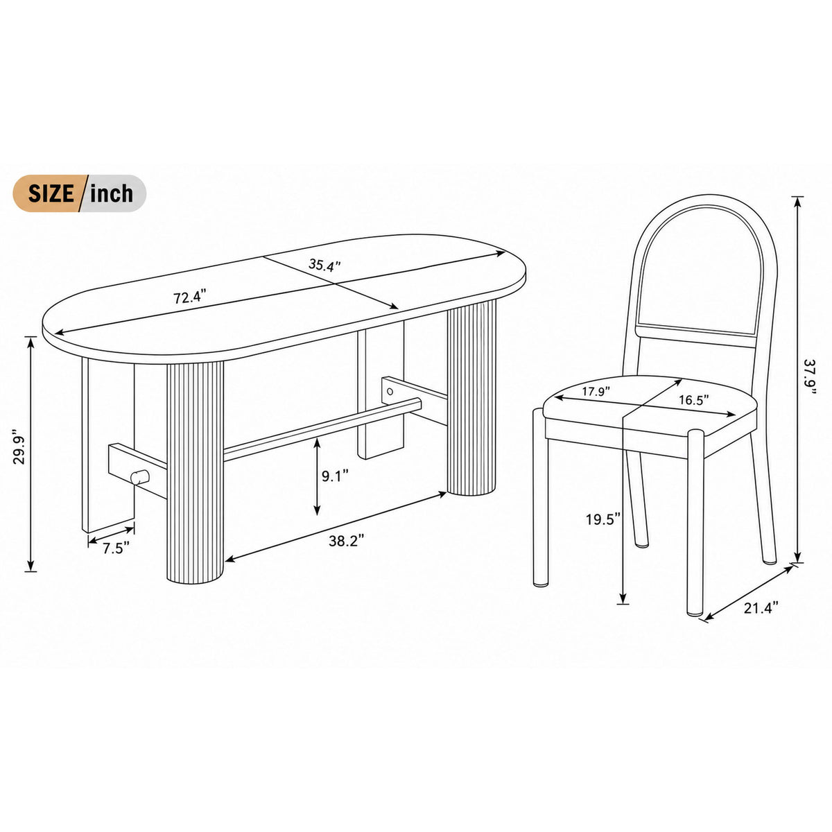 Oval dining table and upholstered chair size diagram with measurements