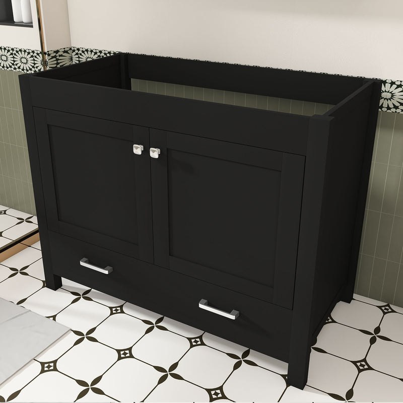 Black bathroom vanity cabinet with two doors and bottom drawer, rectangular panel doors