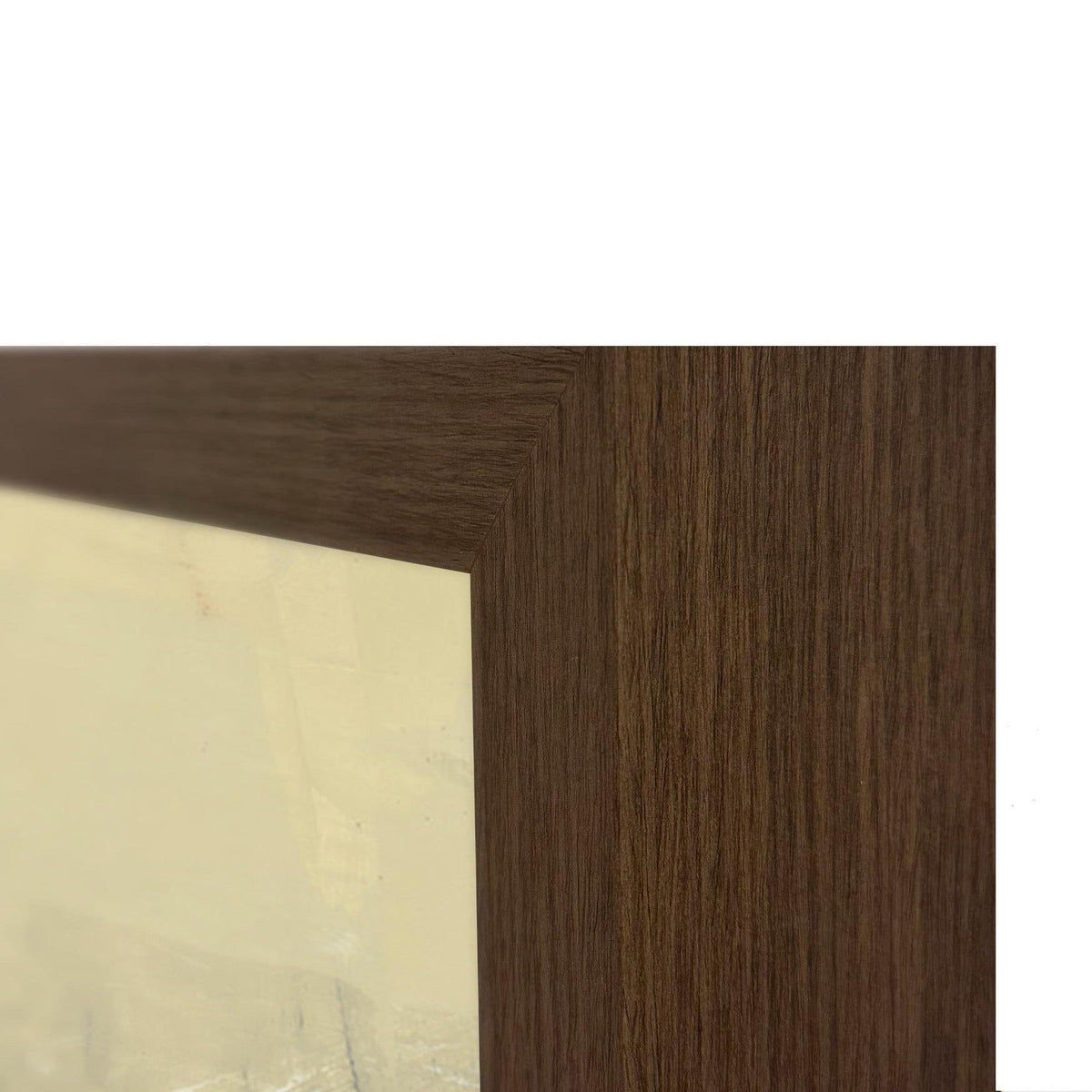 Wood frame edge of beige abstract painting, showing dark brown grain and border