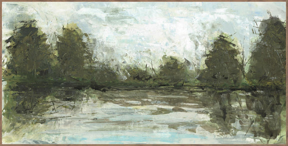 Landscape wall art with muted green trees, river, and pale sky in wooden frame