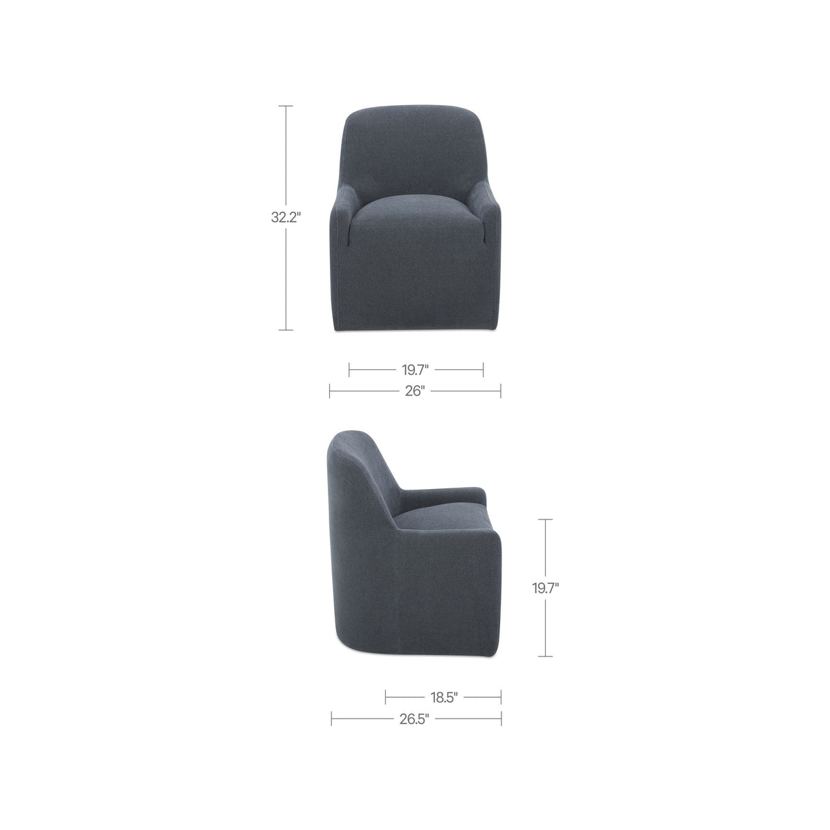 Slate blue rolling dining chair size diagram with front and side views