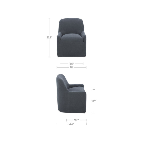 Slate blue rolling dining chair size diagram with front and side views