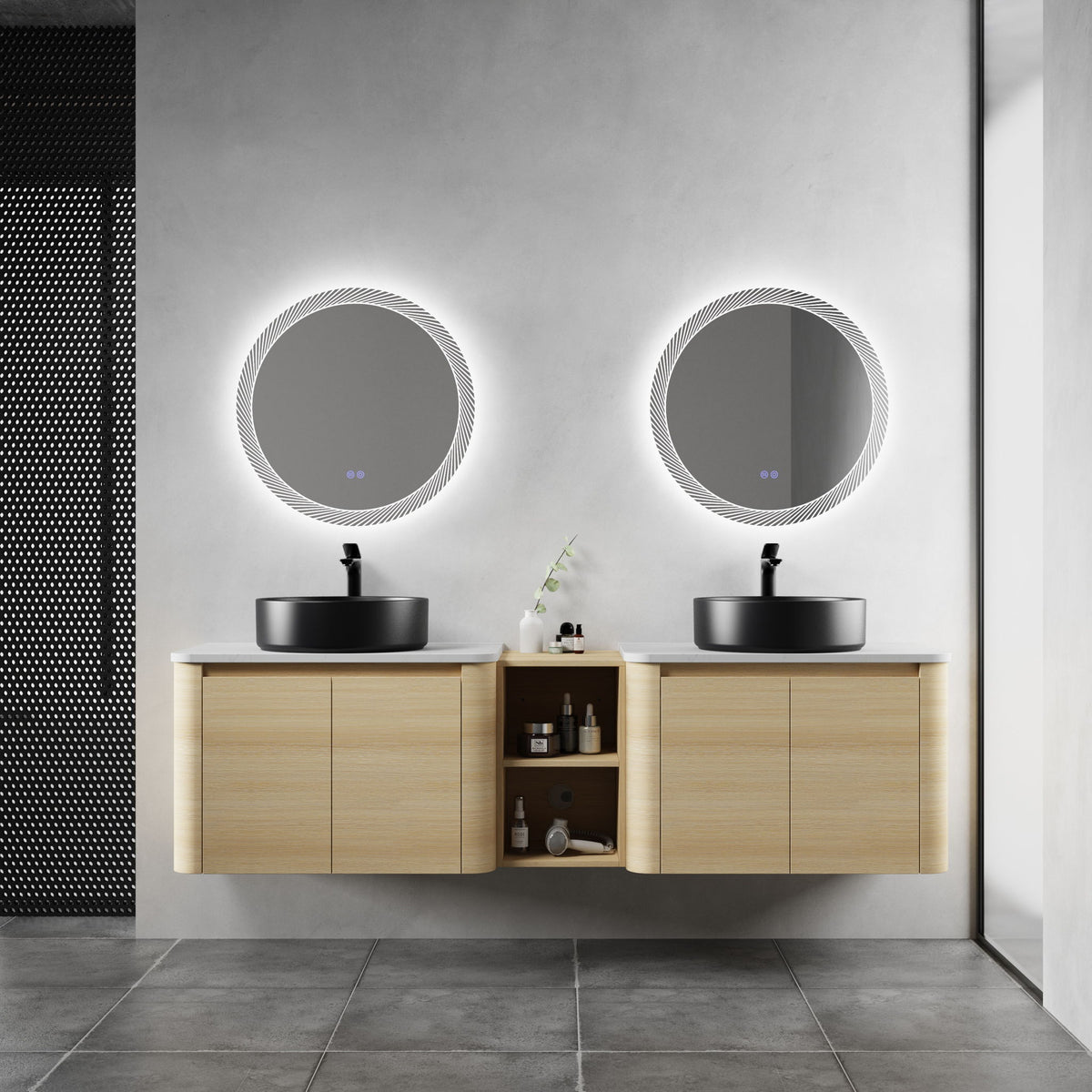Mounted bathroom vanity with art sinks, light wood cabinet, two black sinks with central storage