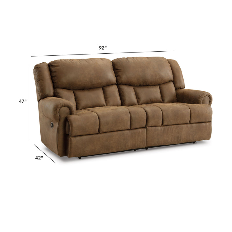 Dark brown 2-seat reclining sofa from front-left with cushioned seat and arms