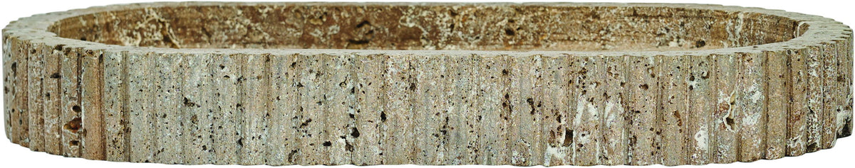 Travertine tray in dark greenish speckled tone with scalloped edges