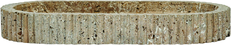 Travertine tray in dark greenish speckled tone with scalloped edges