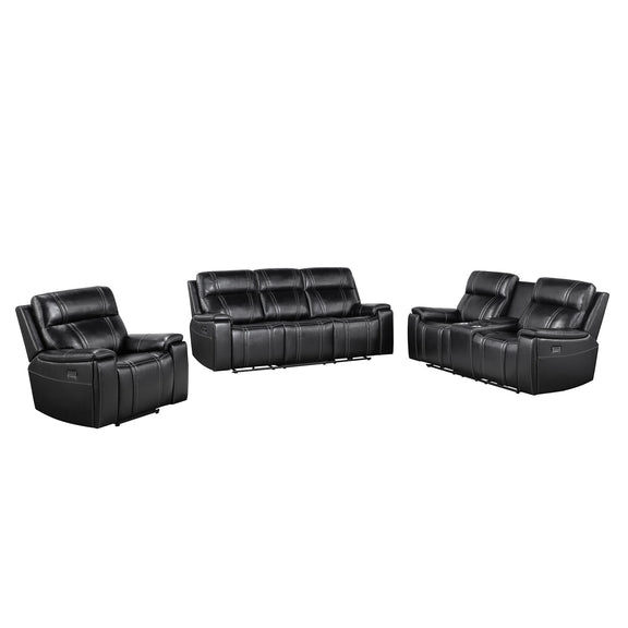 Black power reclining seating set with loveseat, sofa, and recliner chair, padded headrests