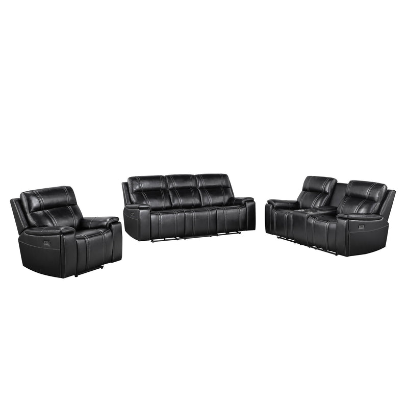Black power reclining seating set with loveseat, sofa, and recliner chair, padded headrests