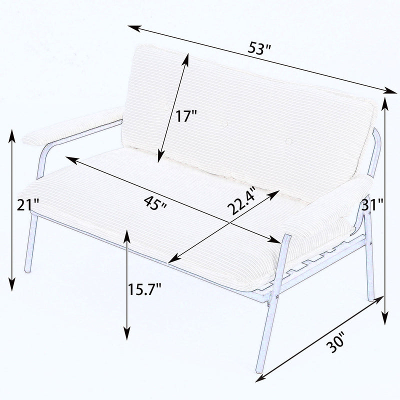Off-white striped loveseat sofa with padded back and seat on metal frame