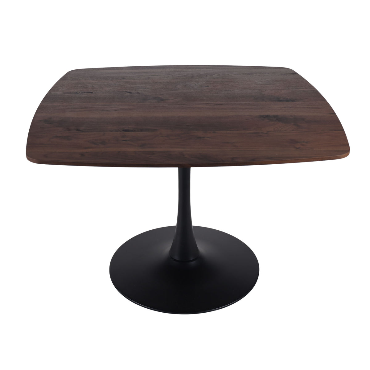 Dark brown dining table with curved edges and black pedestal base