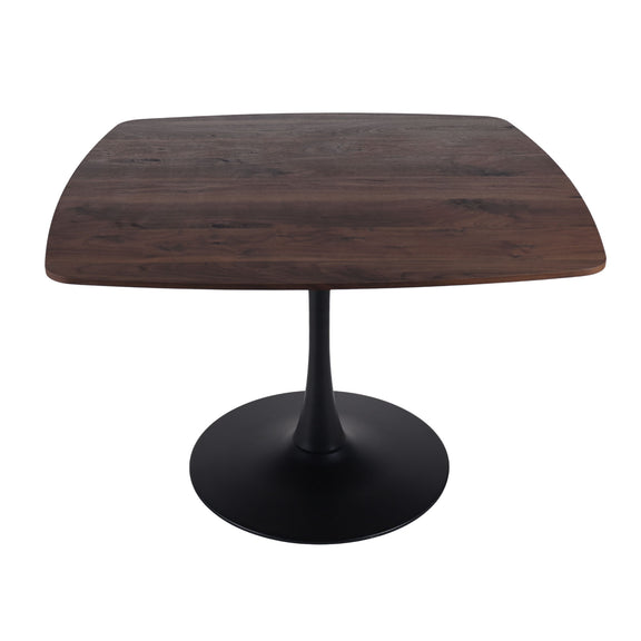 Dark brown dining table with curved edges and black pedestal base