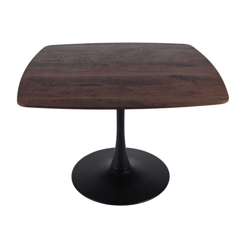 Dark brown dining table with curved edges and black pedestal base