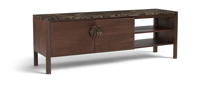 Varenna acacia wood media console with slatted drawer door and open shelf, dark brown