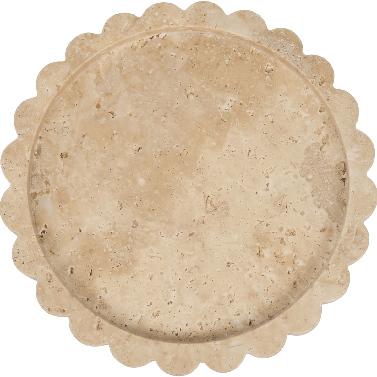 Beige travertine serving tray top view with scalloped rim and speckled texture