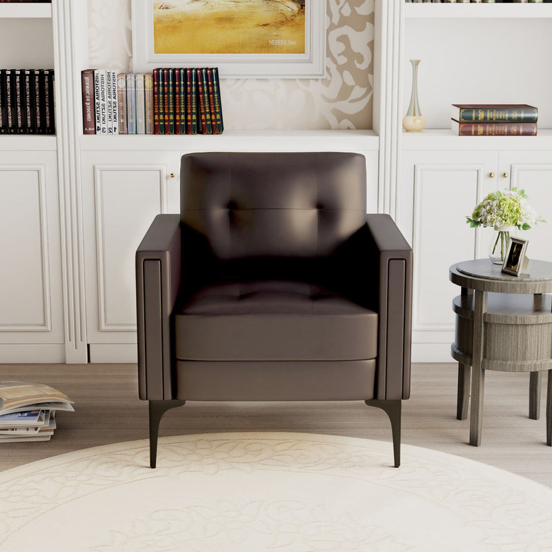 Dark brown upholstered armchair with wide arm panels and tufted back