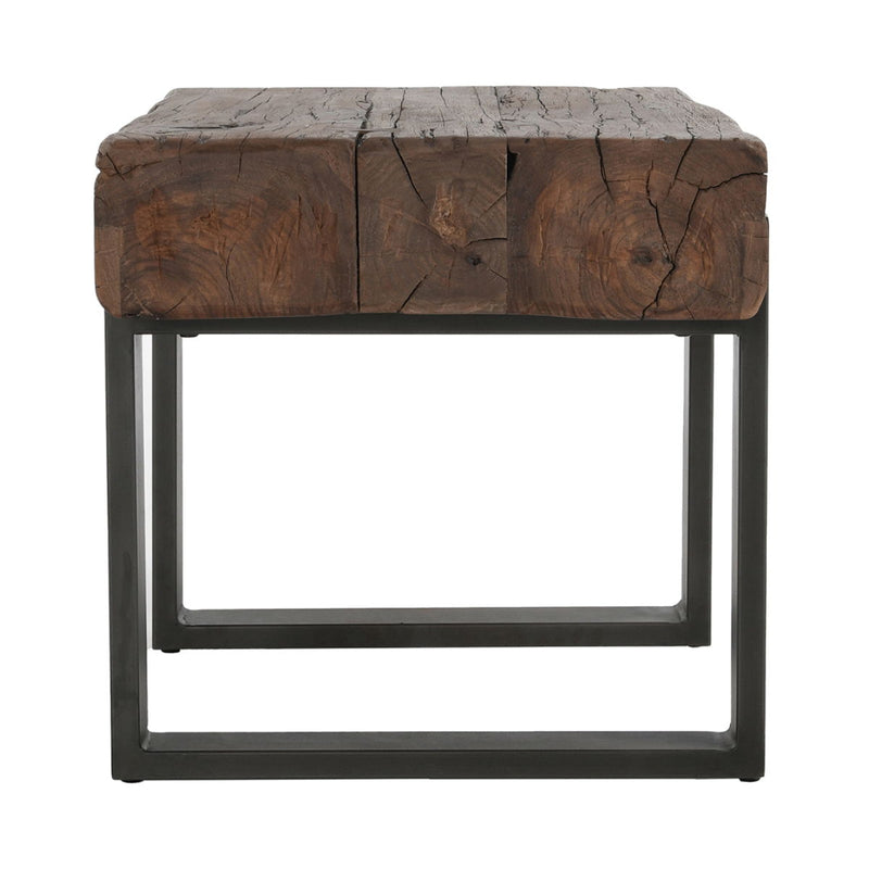 Reclaimed wood table with chunky top and black metal frame