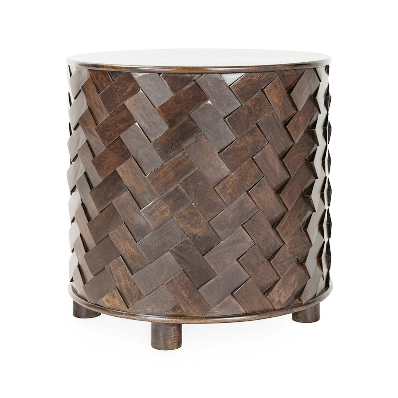 Round mango wood table, side view with interlaced wood block weave and dark brown legs