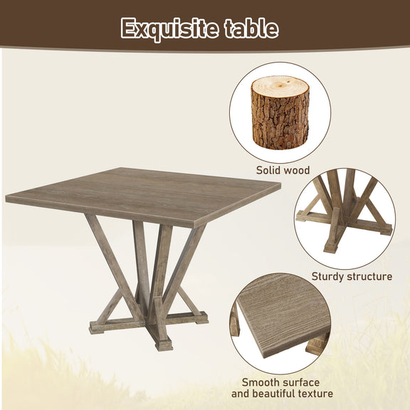 Distressed gray-brown square solid-wood counter table with crossed base