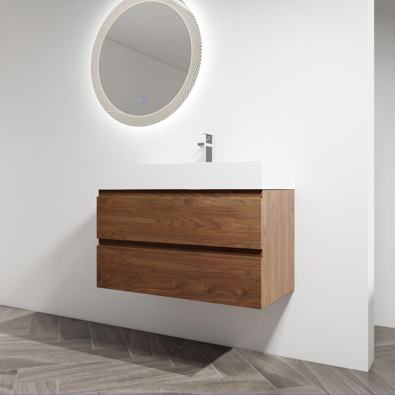 Wall-mounted bathroom vanity with white sink and faucet; dark brown two-drawer cabinet