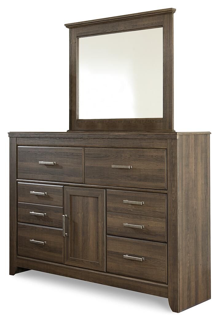 Dark brown wood dresser with attached mirror and drawer storage, silver bar pulls.