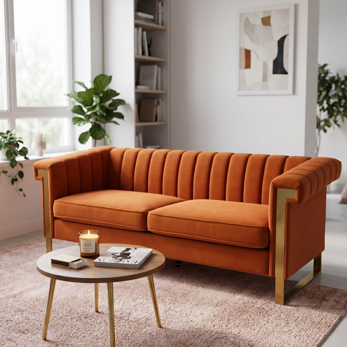 Orange two-seat sofa with channel-tufted back, padded arms, and gold-tone metal frame.