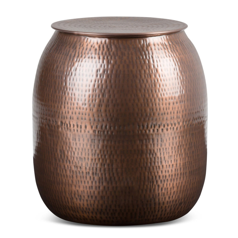 Griffen bronze metal storage accent table with textured drum body and flat round lid