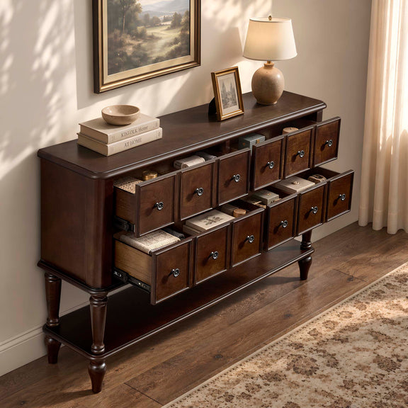Espresso console table with open shelf and many storage drawers with silver knobs
