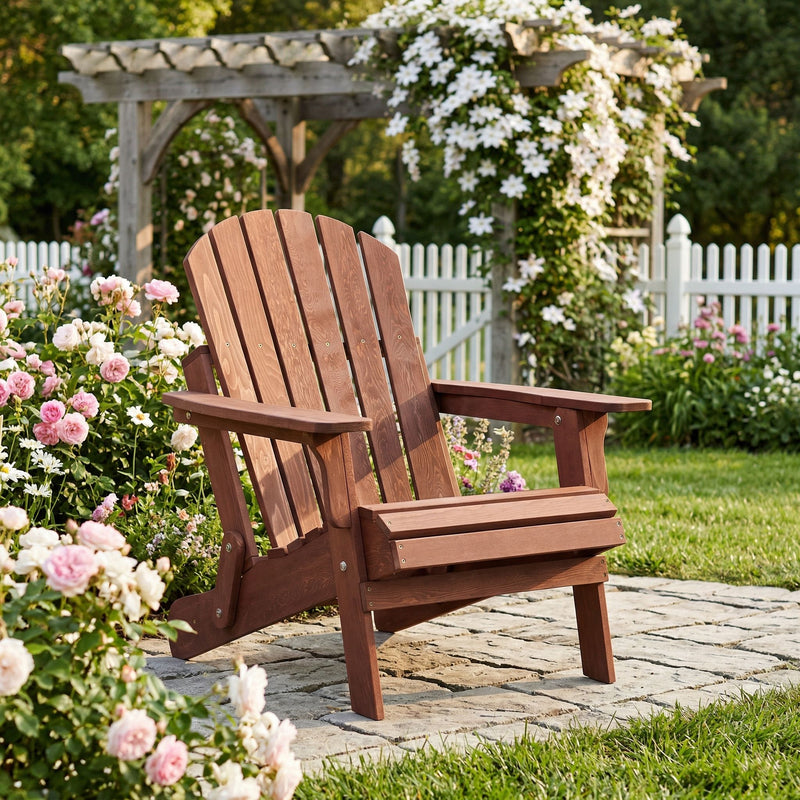 Folding Adirondack patio chair in warm dark brown wood, slatted back and arms