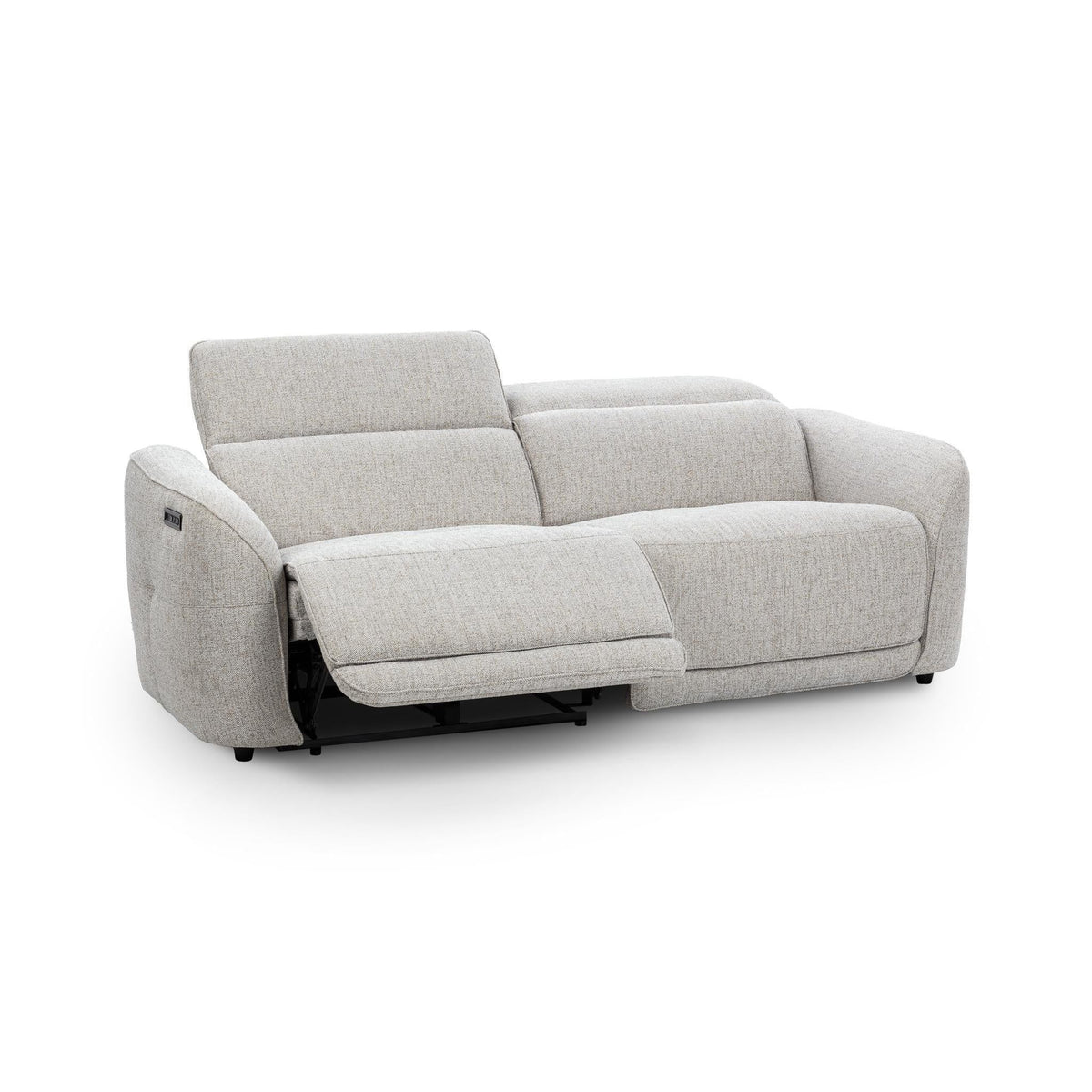 Gray upholstered power recliner sofa with one seat reclined, rounded arms and boxy cushions