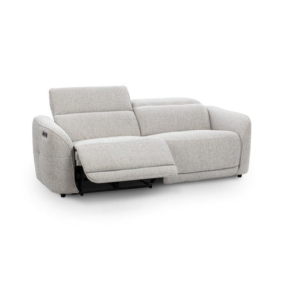 Gray upholstered power recliner sofa with one seat reclined, rounded arms and boxy cushions