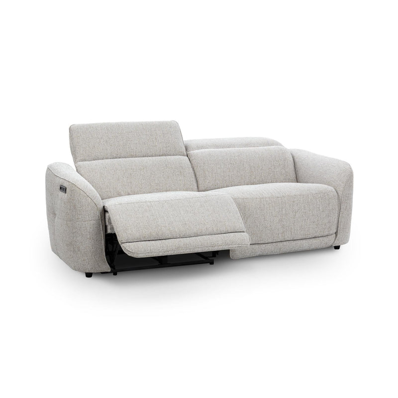 Gray upholstered power recliner sofa with one seat reclined, rounded arms and boxy cushions