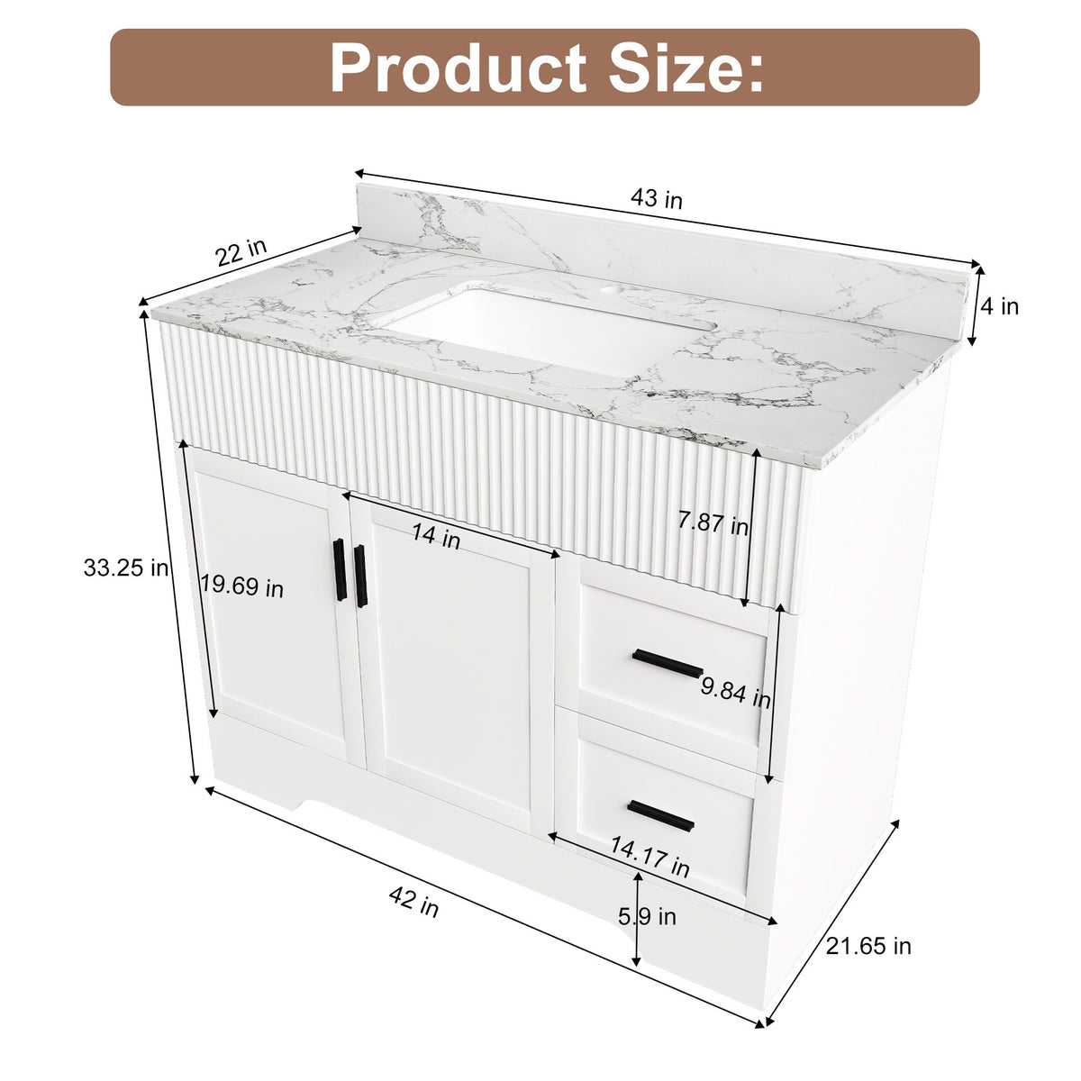 White bathroom vanity with sink and fluted paneling, with labeled size measurements