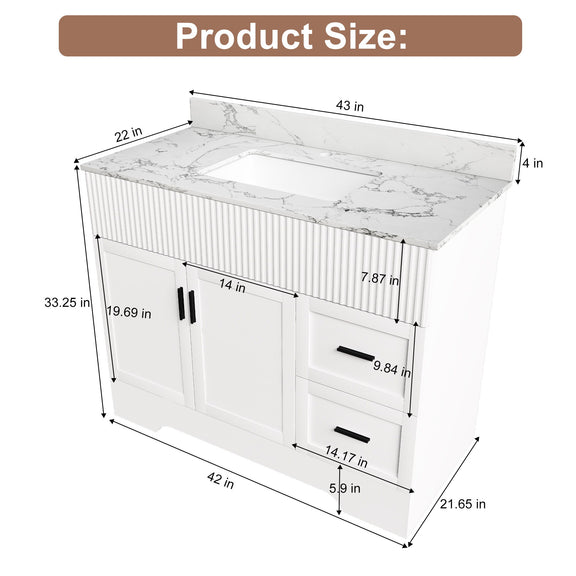 White bathroom vanity with sink and fluted paneling, with labeled size measurements