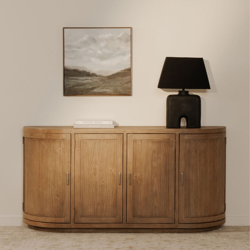 Natural wood sideboard, four door fronts with vertical panel grain