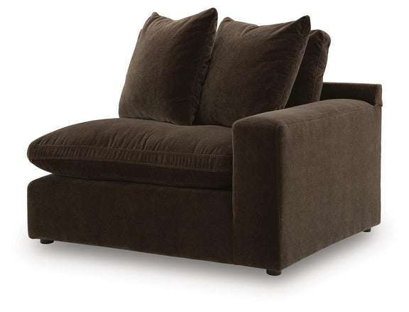 Dark brown 2-piece sectional sofa chaise with two back cushions and padded arm