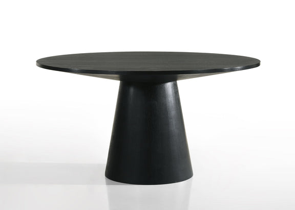 Black round dining table with smooth tabletop and pedestal base