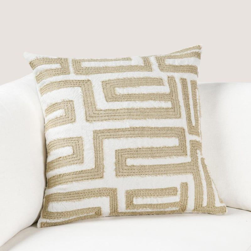 22-inch square pillow with Greek key metallic gold embroidery on ivory front