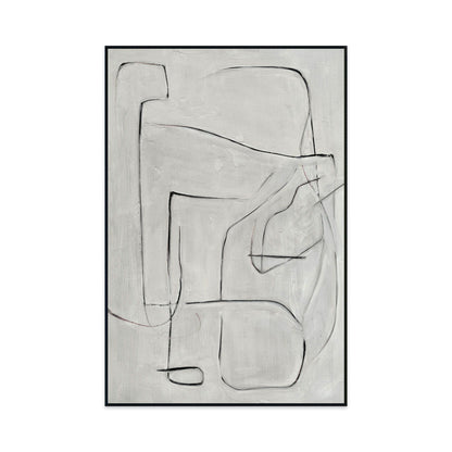 Framed abstract wall art painting, light gray outlined forms on pearl silver background