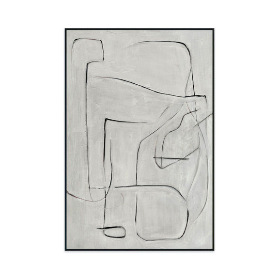 Framed abstract wall art painting, light gray outlined forms on pearl silver background