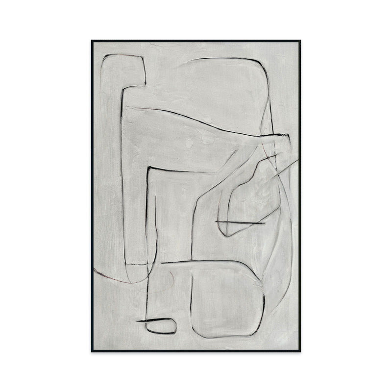 Framed abstract wall art painting, light gray outlined forms on pearl silver background