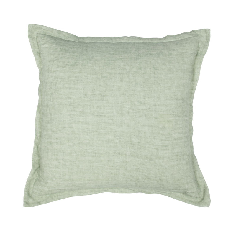 Square mint green pillow with linen-like texture and overlocked edges