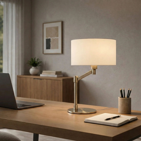 Table lamp with white linen shade and brushed nickel curved base, on/off switch