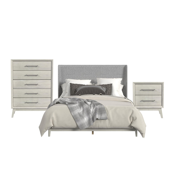 Bedroom set with gray upholstered headboard, white bed, and matching nightstands