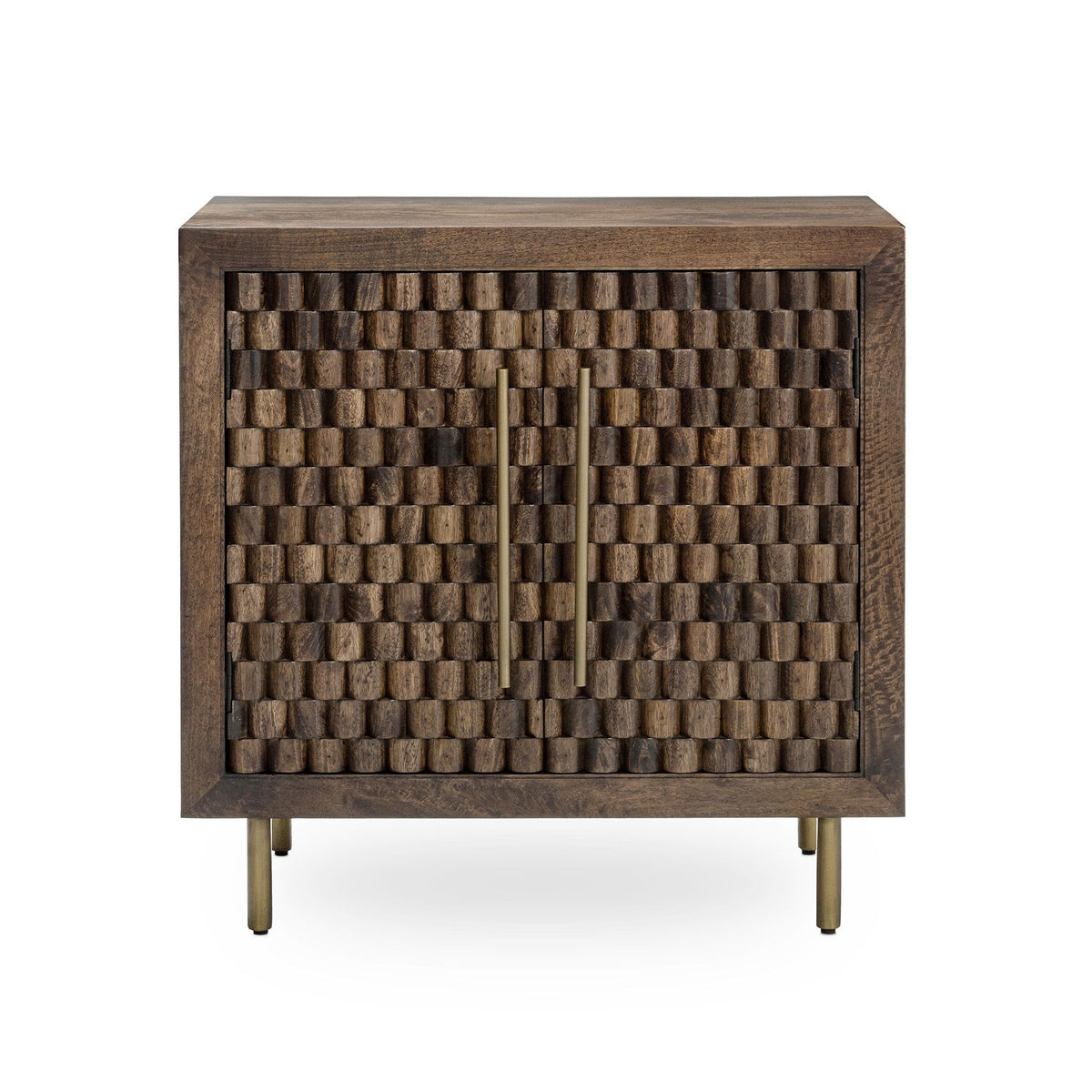 Brown cabinet with two-door front and woven check pattern, centered metal hinge