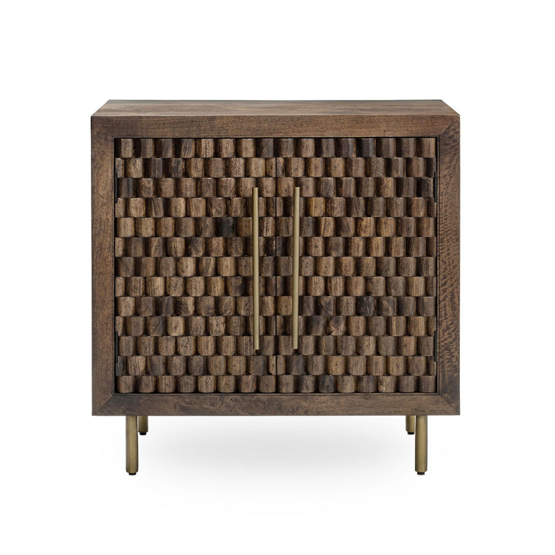 Brown cabinet with two-door front and woven check pattern, centered metal hinge
