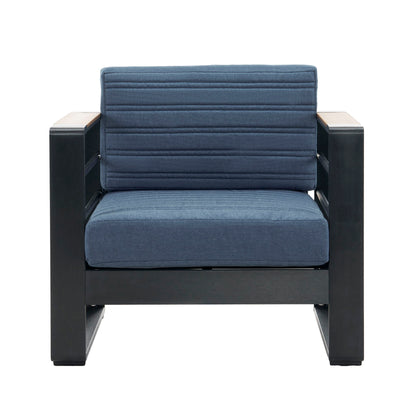Blue club chair with cushioned seat and aluminum frame, padded armrests and back