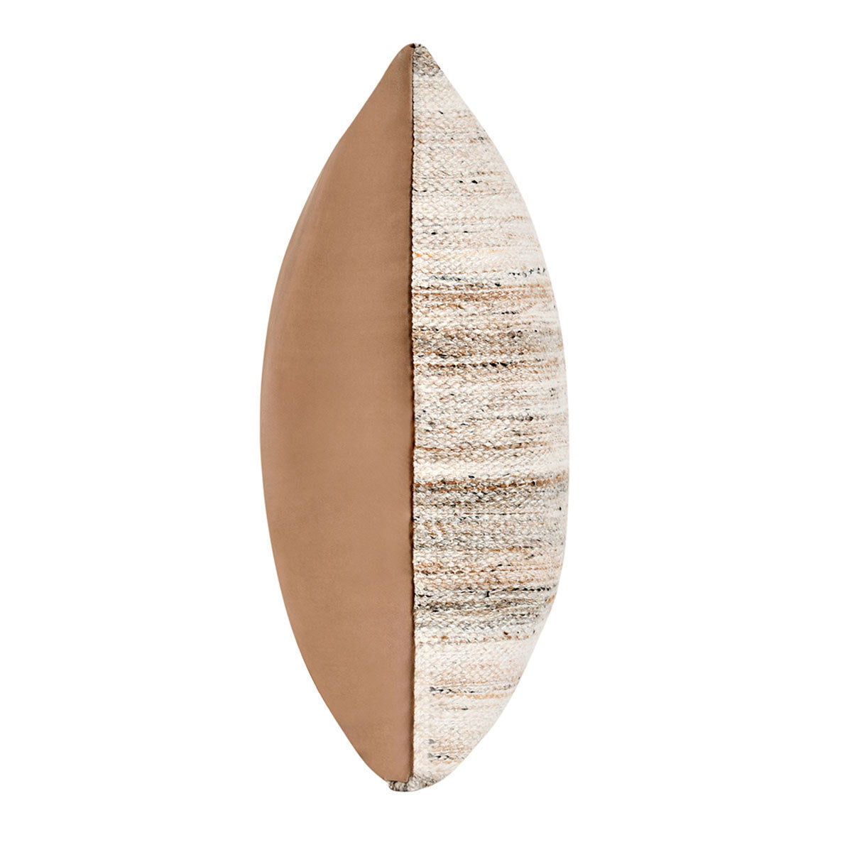 Textured sand multi stripe pillow with tan backing, side view