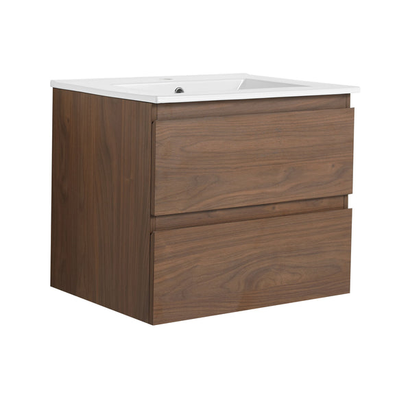 Wall-mounted bathroom vanity with white sink top and two dark brown soft-close drawers