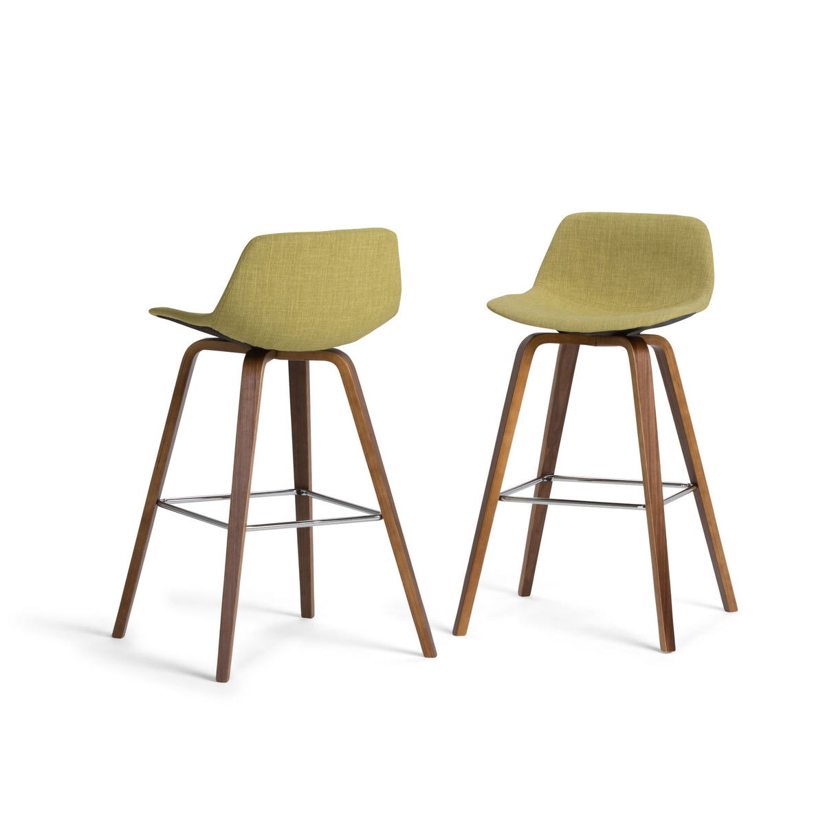 Counter-height bar stool set of 2, olive green seats, light brown wood legs