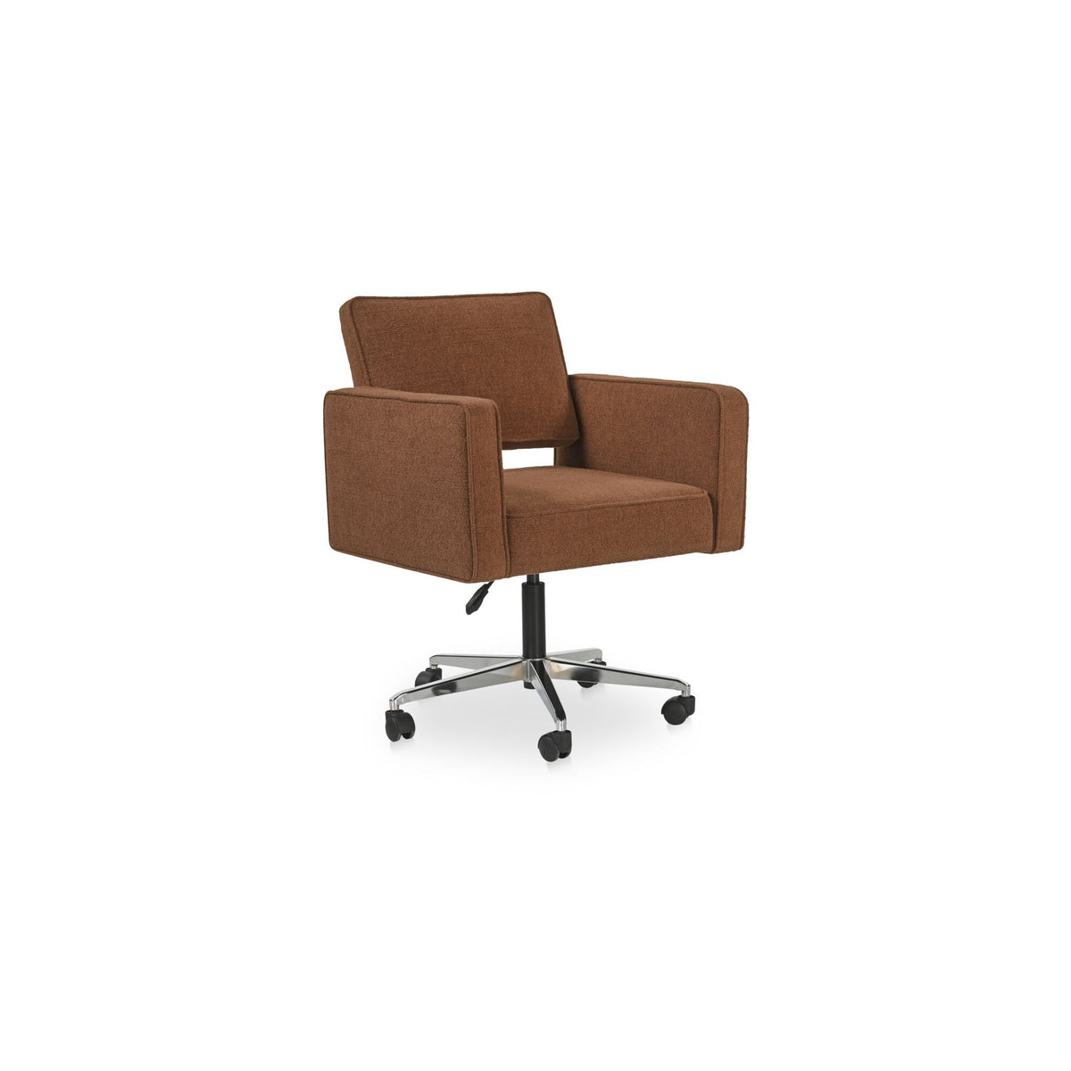 Harris office chair with dark brown backrest and padded armrests, on 5-wheel swivel base